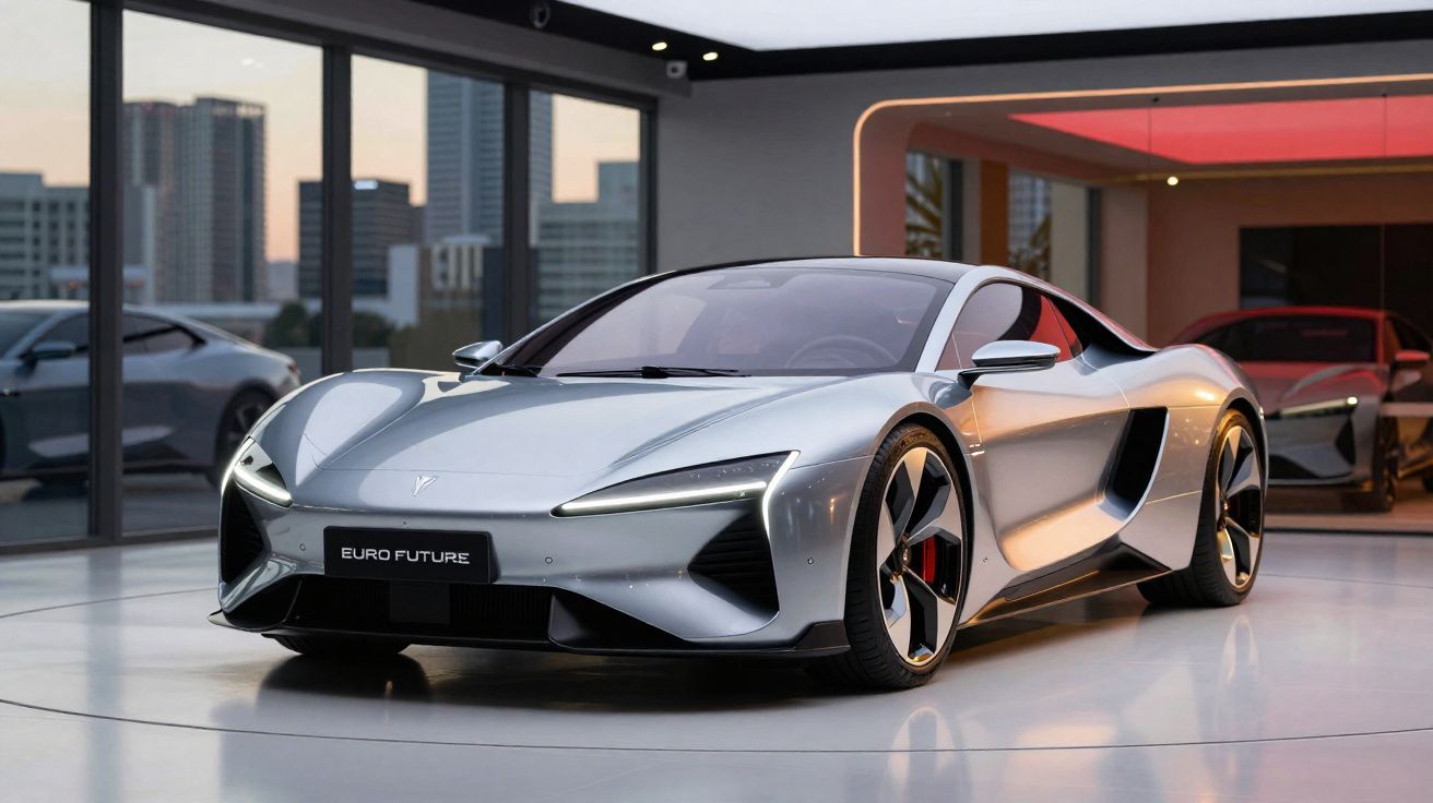 Automóvel desportivo elétrico prateado “Euro Future” em exposição moderna com grandes janelas.