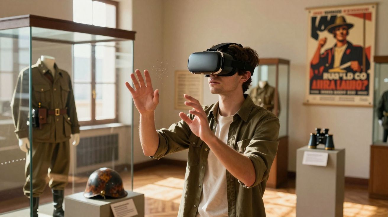 Jovem utiliza óculos de realidade virtual numa exposição de uniformes militares num museu iluminado.