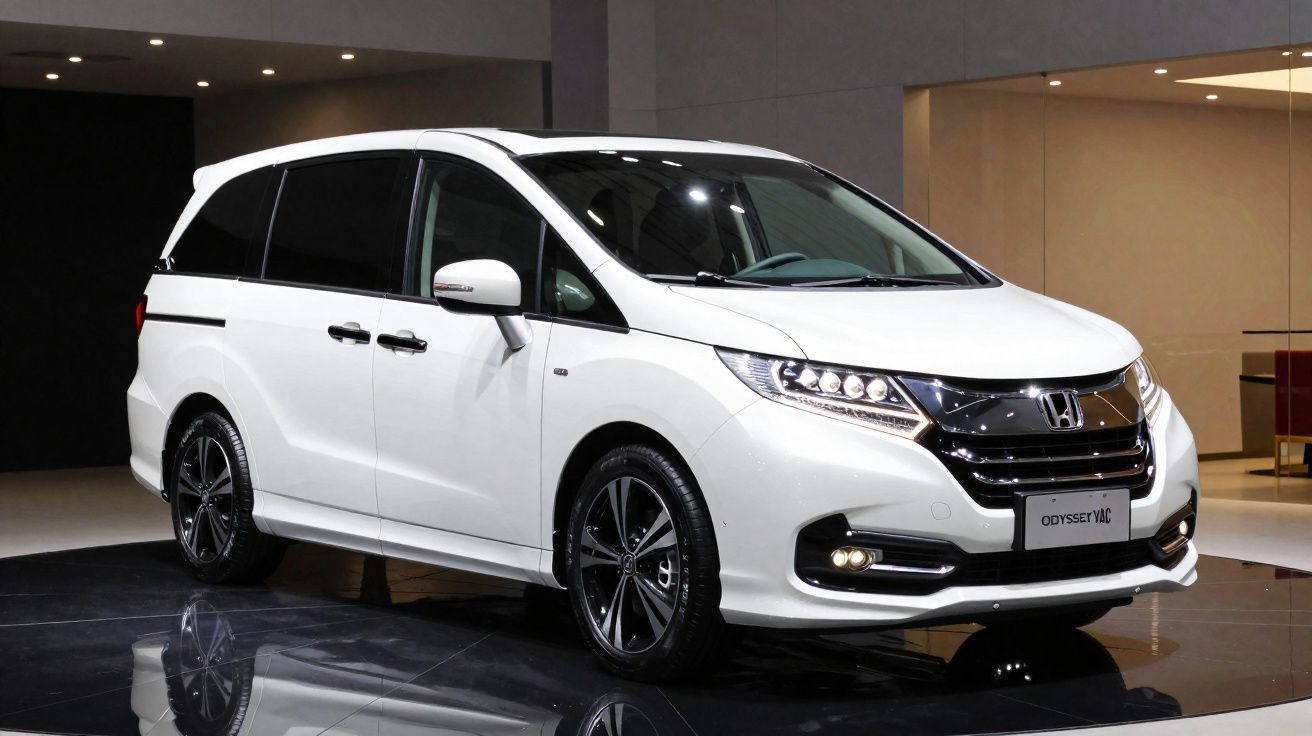 Carrinha branca Honda Odyssey 2024 apresentada em ambiente interior com chão refletor.