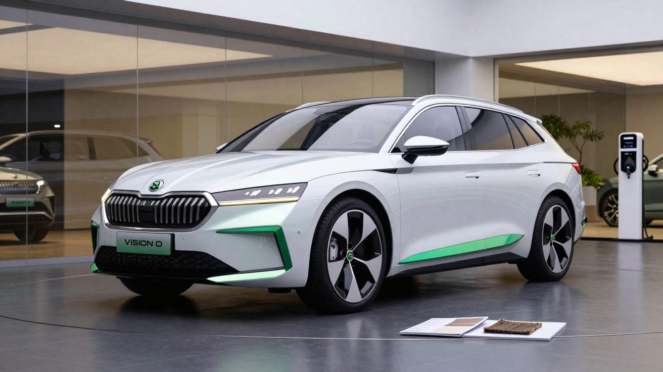 Carro elétrico branco Skoda Vision iV estacionado num showroom moderno com detalhes verdes e carregador ao fundo.