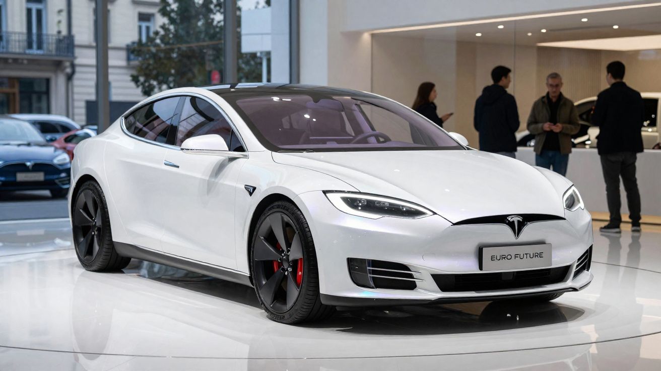 Carro elétrico branco Tesla Model S exposto em ambiente interior com pessoas ao fundo.