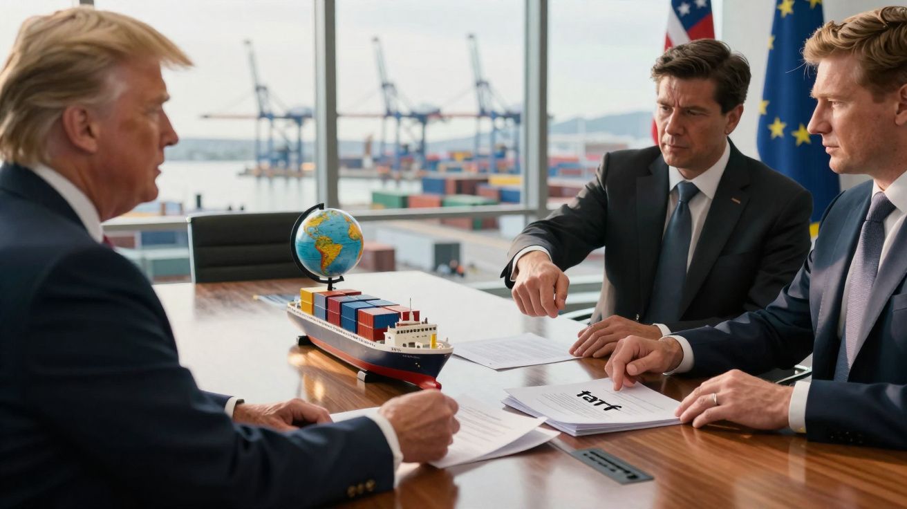 Três homens de fato reunidos à mesa com maquete de navio cargueiro e documentos num escritório com vista para porto.