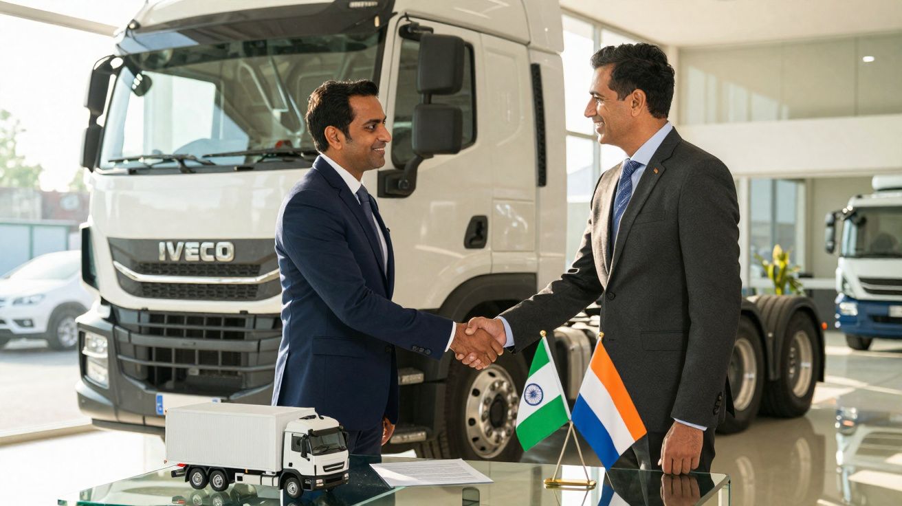 Dois homens de negócios apertam as mãos num escritório com camiões e bandeiras da Índia e dos Países Baixos.