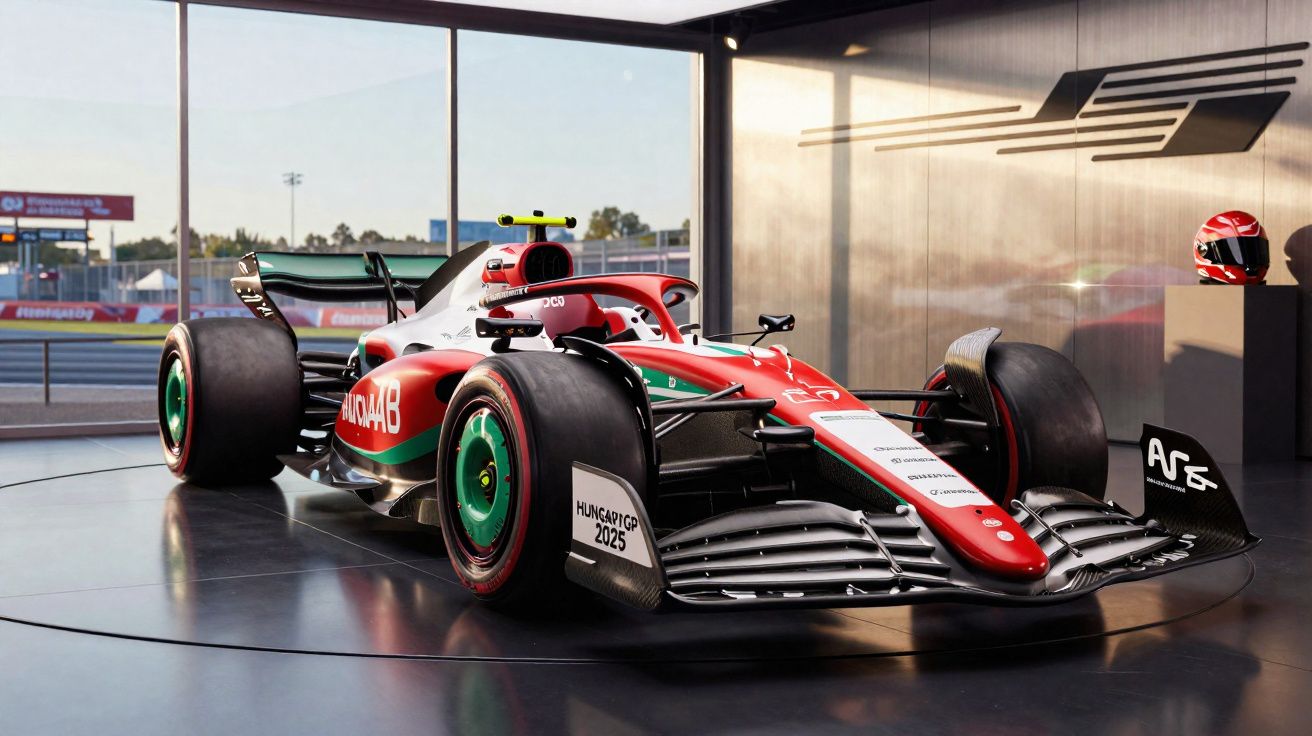 Carro de Fórmula 1 da equipa Aston Martin AMR25 com cores vermelha, verde e preta num showroom moderno.