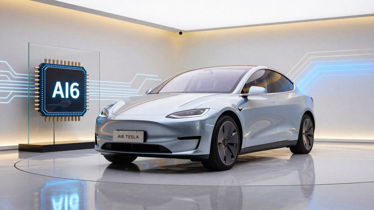 Carro elétrico Tesla AI6 cinzento numa sala moderna com iluminação suave e chip AI6 em exposição.