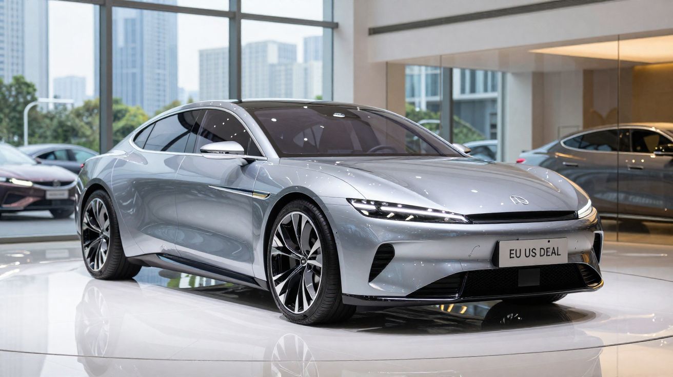 Carro elétrico prateado moderno em exposição numa sala com janelas grandes e cidade ao fundo.