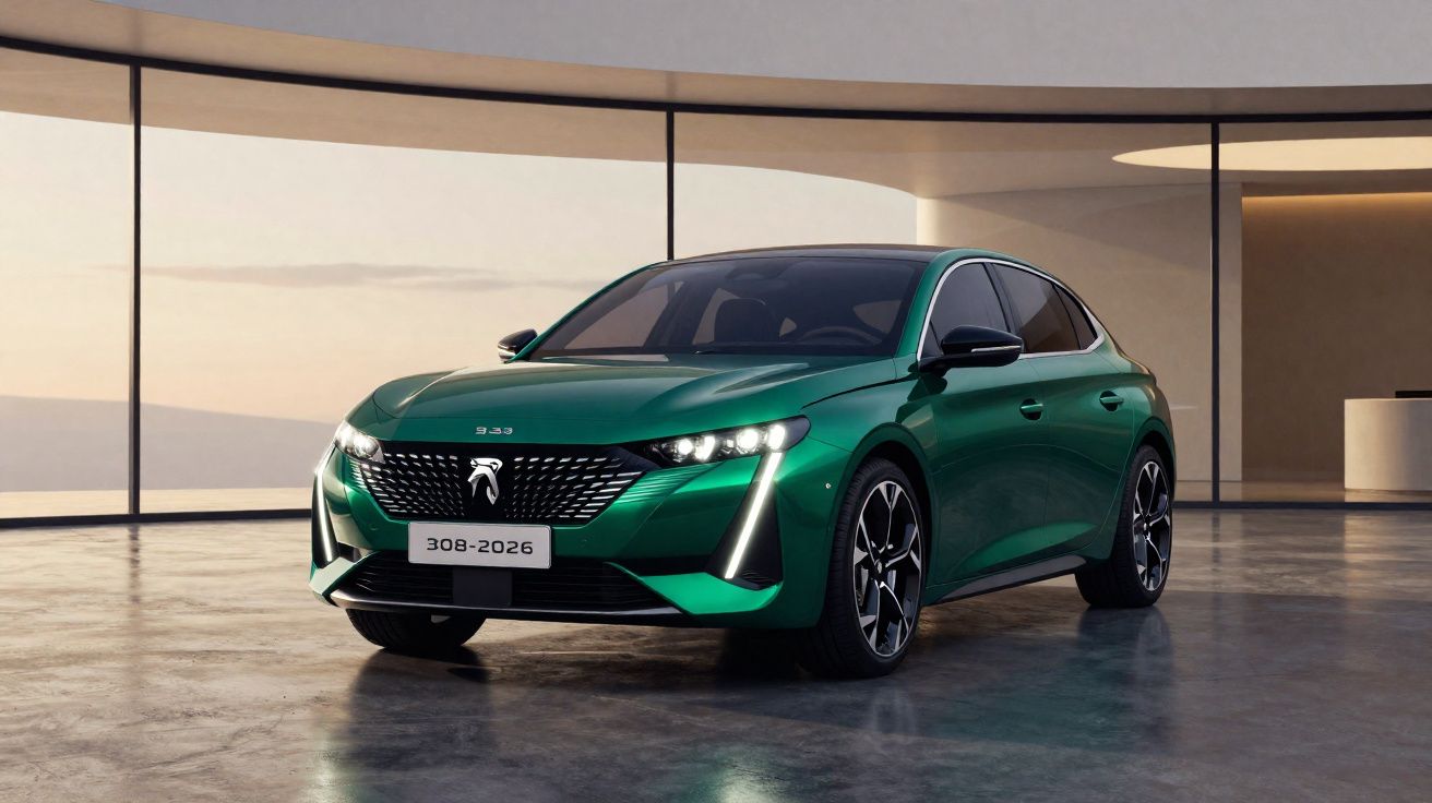 Peugeot 308 verde estacionado em espaço interior moderno com grandes janelas curvas.