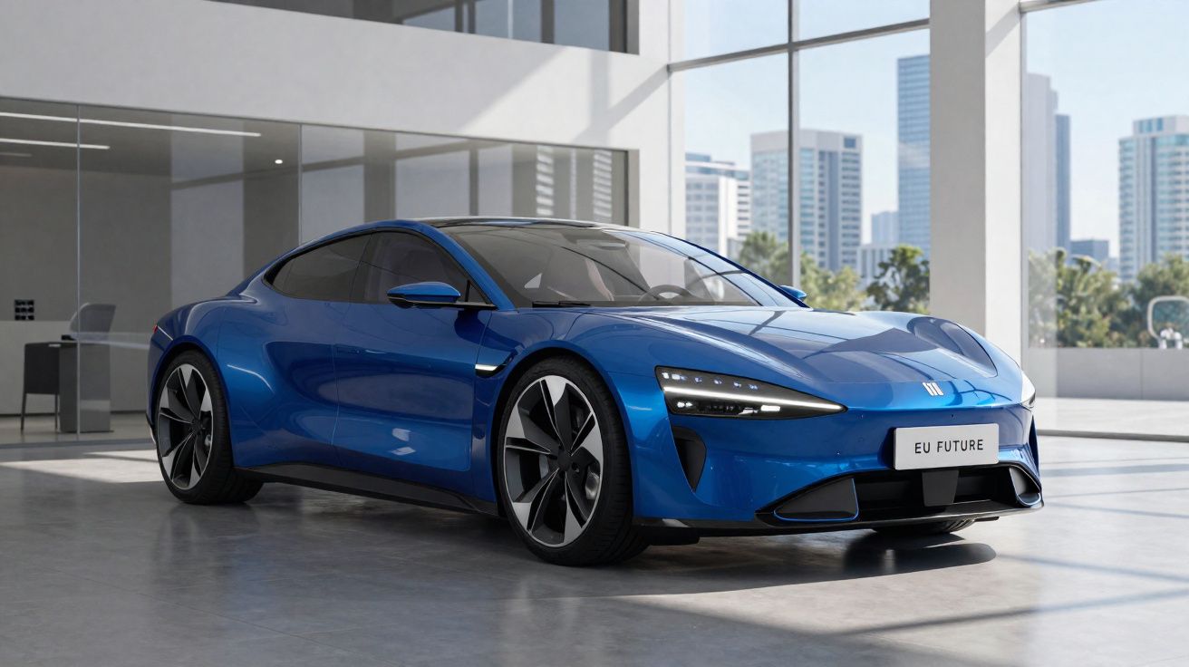 Carro desportivo elétrico azul estacionado numa garagem moderna com janelas grandes e vista para edifícios.