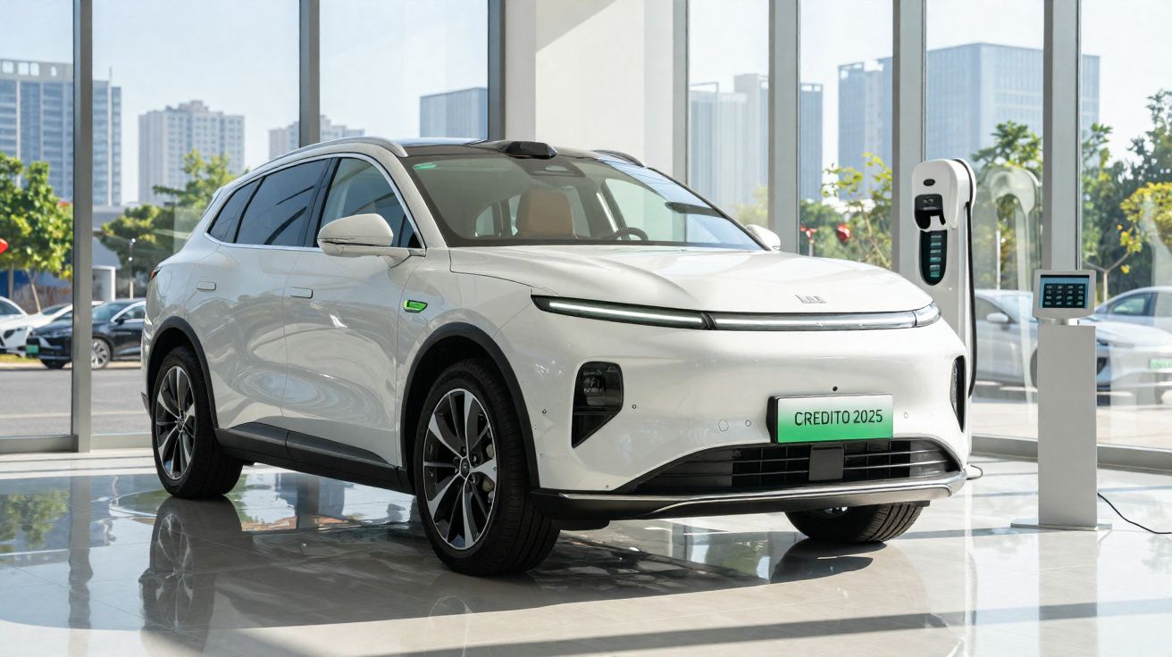 Carro elétrico branco com design moderno exposto numa sala iluminada com pilha de carregamento ao lado.