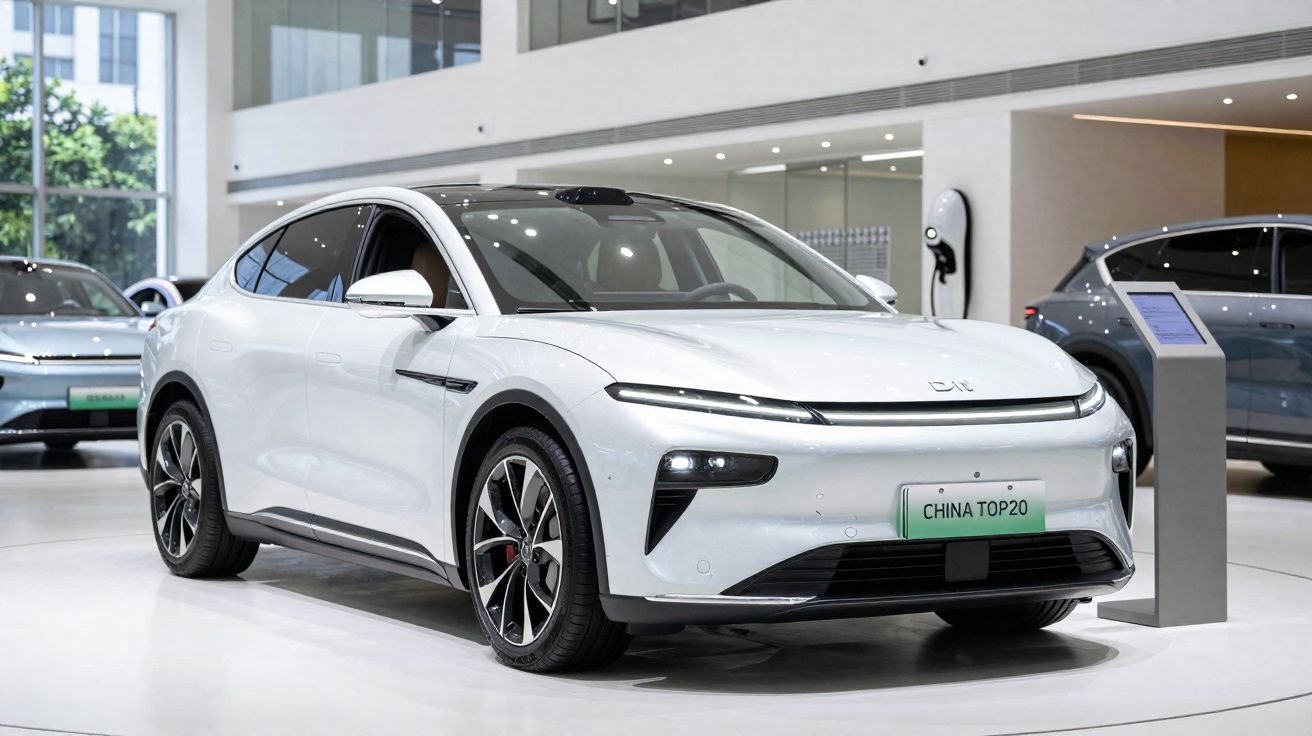 Carro elétrico branco em exposição numa sala moderna com janelas amplas e outros veículos ao fundo.