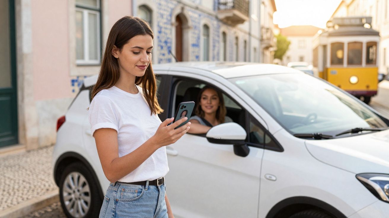 Mulher junto a carro branco a olhar para o telemóvel, com outra pessoa sentada no banco do condutor numa rua urbana.