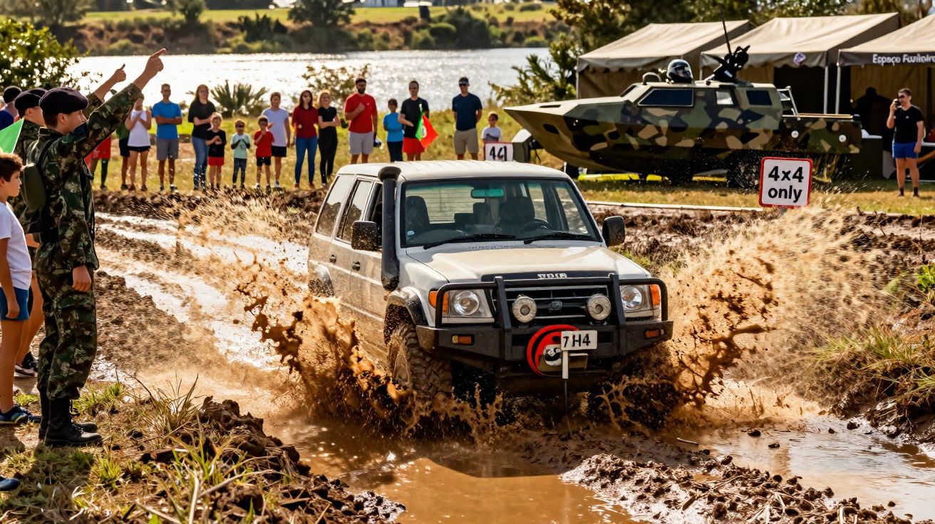 Carro 4x4 a atravessar lagoa de lama com espectadores e soldados a observar junto a viatura militar camuflada.