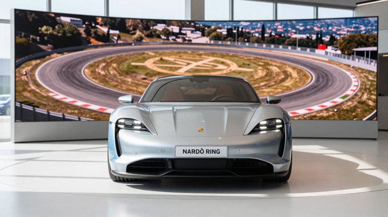 Carro desportivo prateado de frente com ecrã curvo ao fundo a mostrar circuito de corrida Nardò Ring.