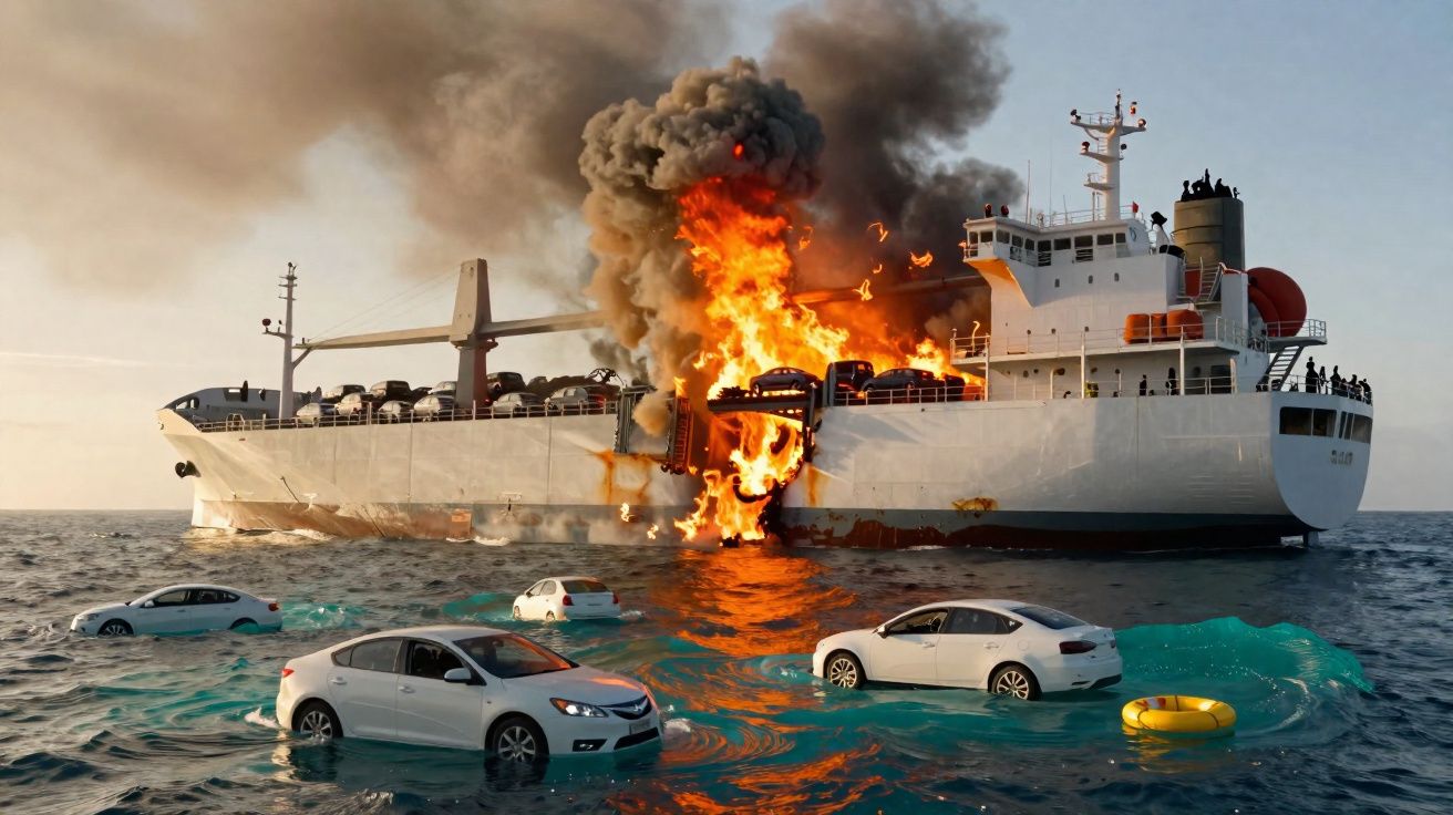 Navio de carga a arder no mar, com vários carros brancos flutuando na água à sua volta.