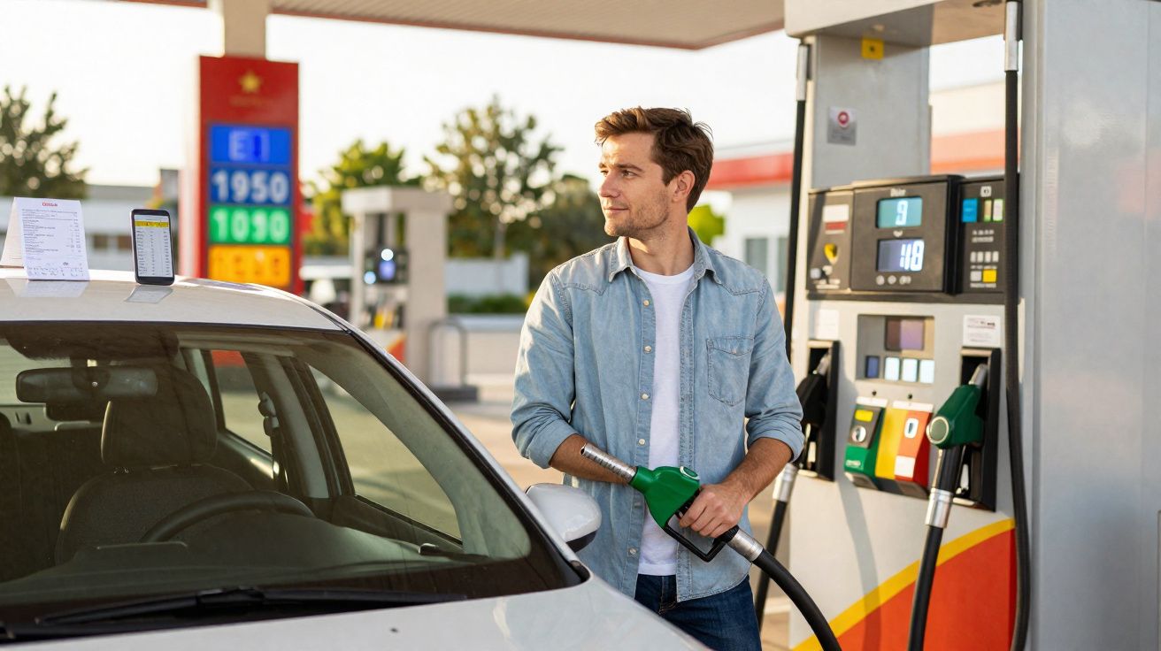 Homem a abastecer carro com gasolina numa bomba de combustível num posto de gasolina.