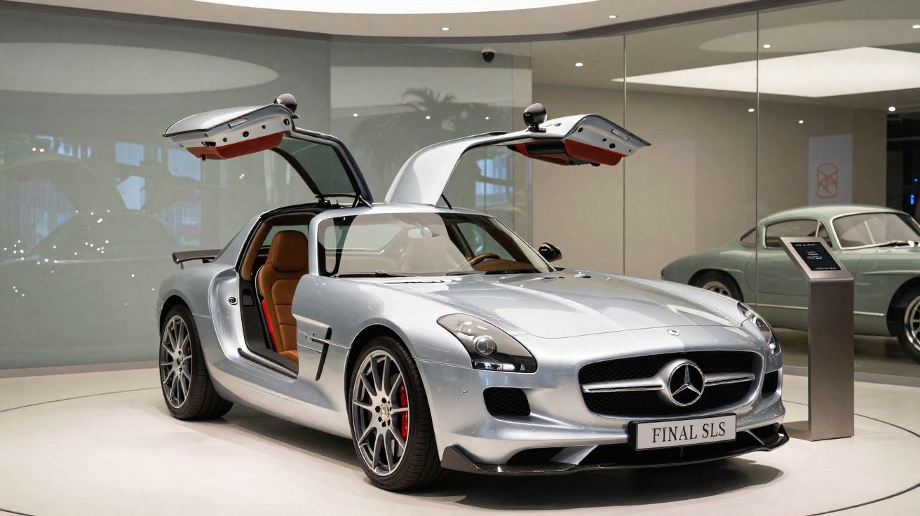 Mercedes-Benz prata com portas asa de gaivota abertas em exposição numa sala moderna.