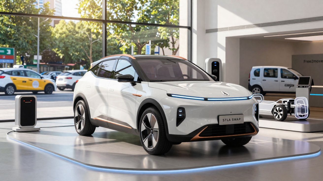 Carro elétrico branco moderno exposto num showroom com carregadores e chassis de veículo elétrico.