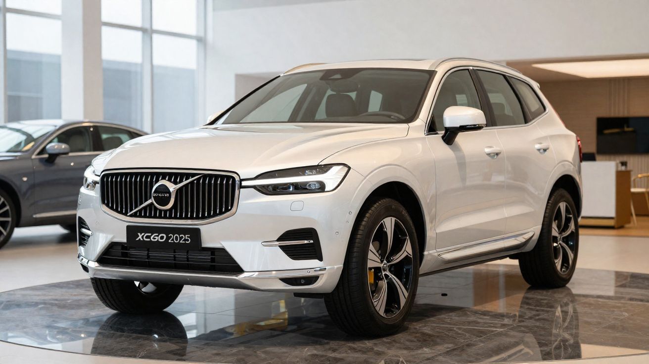 SUV Volvo XC60 branco exposto em salão automóvel moderno e elegante.