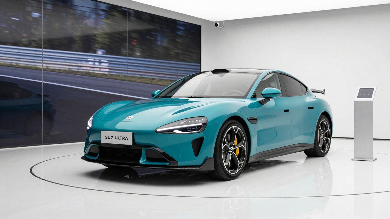 Carro elétrico desportivo azul exposto em sala branca com ecrã panorâmico ao fundo.