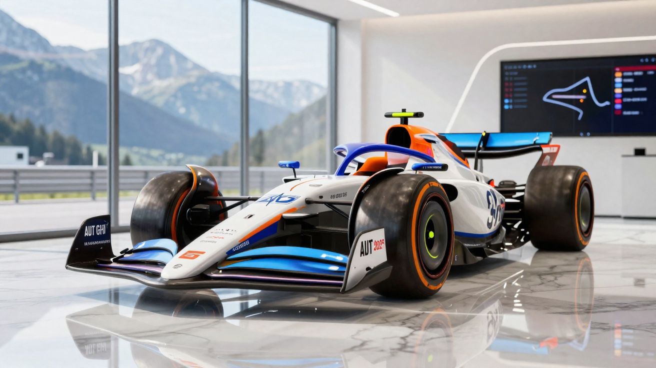 Carro de Fórmula 1 branco, azul e laranja numa sala com grandes janelas e vista para montanhas.