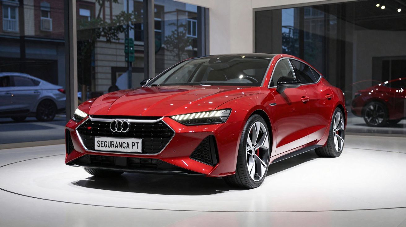 Carro desportivo Audi vermelho estacionado numa exposição, com faróis ligados e design moderno.