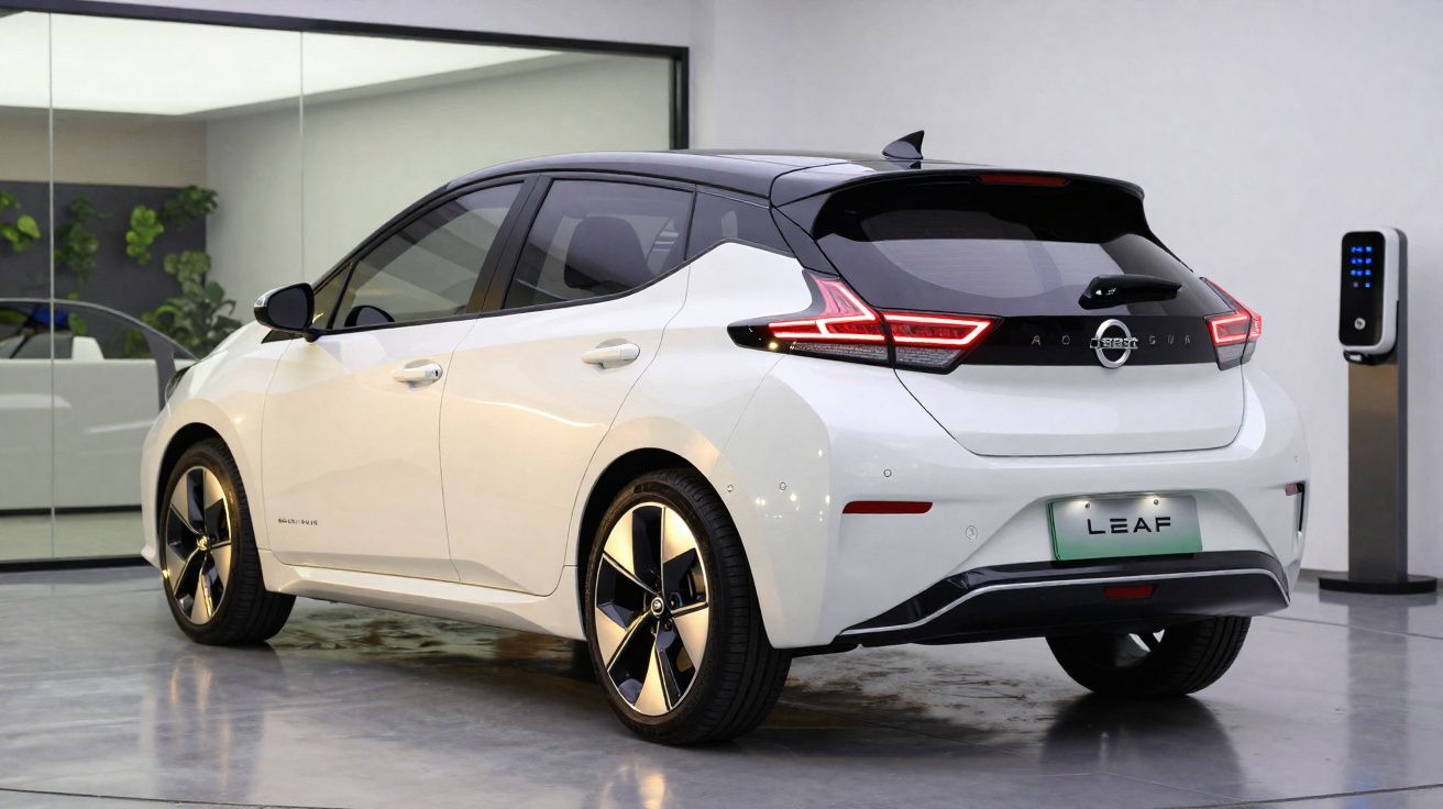 Carro elétrico Nissan Leaf branco estacionado junto a posto de carregamento interior moderno.