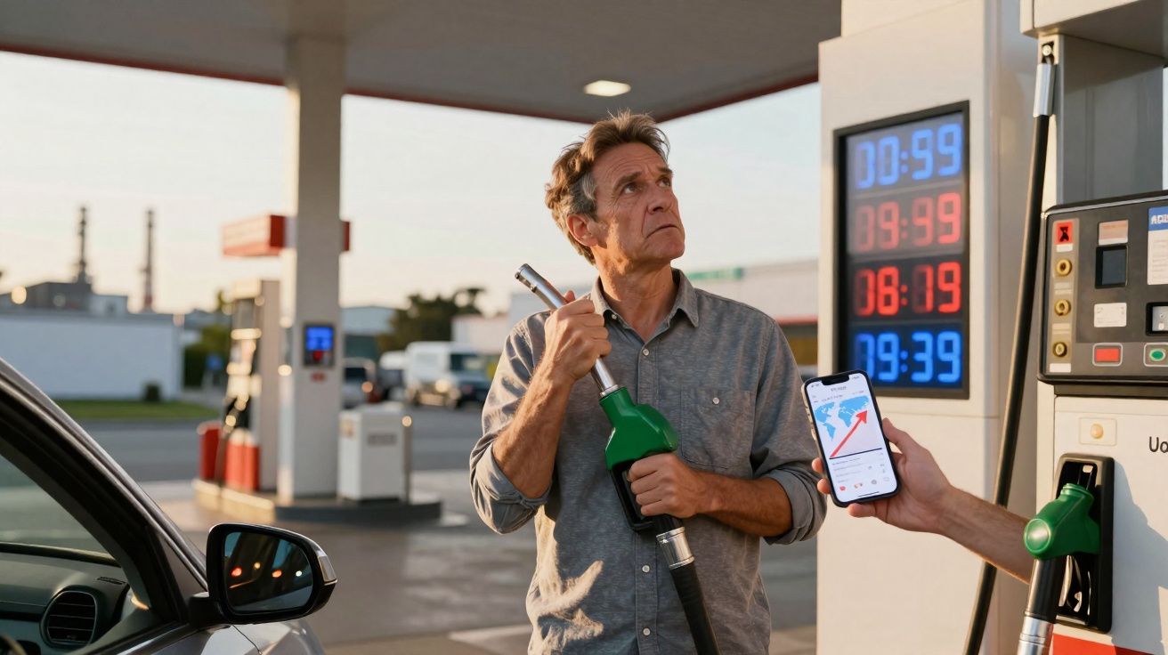 Homem numa bomba de gasolina segura pistola de combustível e olha preocupado para preços no painel.