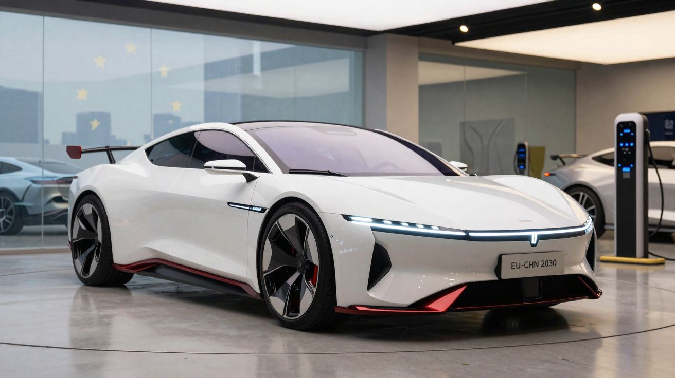 Carro desportivo elétrico branco com design futurista exposto em espaço interior moderno.