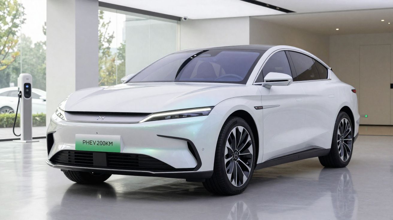 Carro elétrico branco moderno estacionado em ambiente interior com estação de carregamento ao fundo.