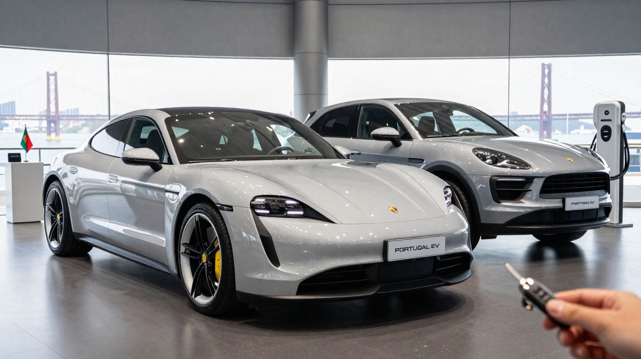 Dois carros elétricos Porsche prata expostos numa sala com grandes janelas, uma mão segura uma chave no canto inferior direit