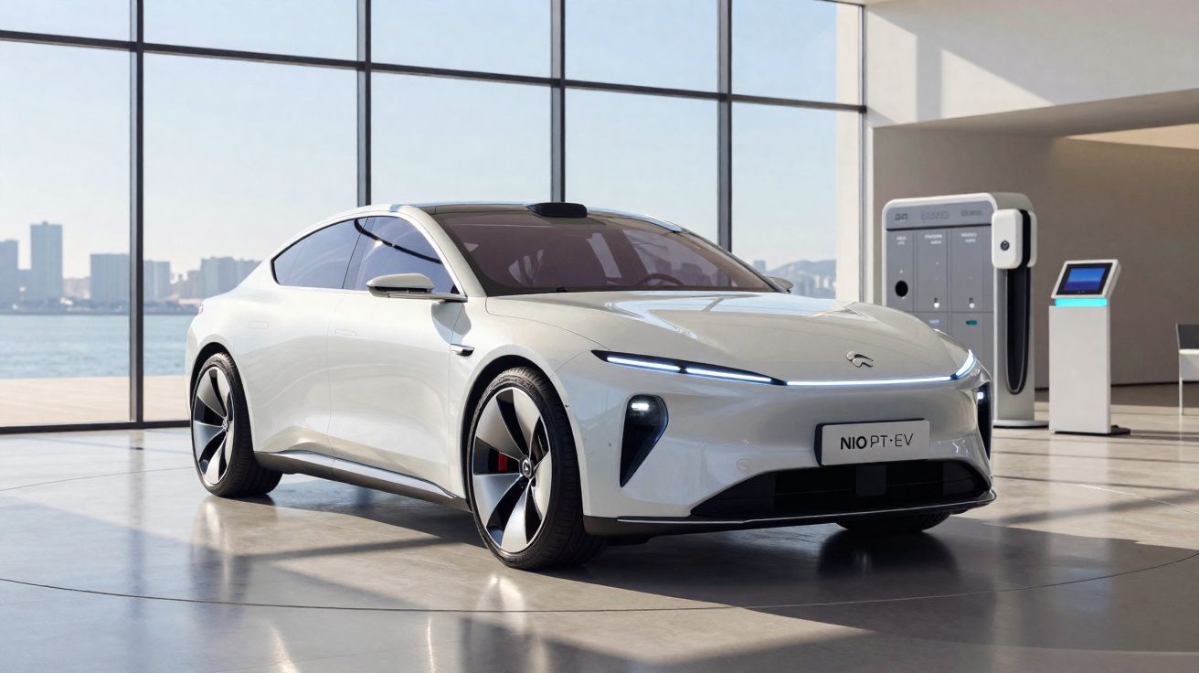 Carro elétrico branco NIO PT-EV estacionado em espaço moderno com grandes janelas e carregador elétrico.