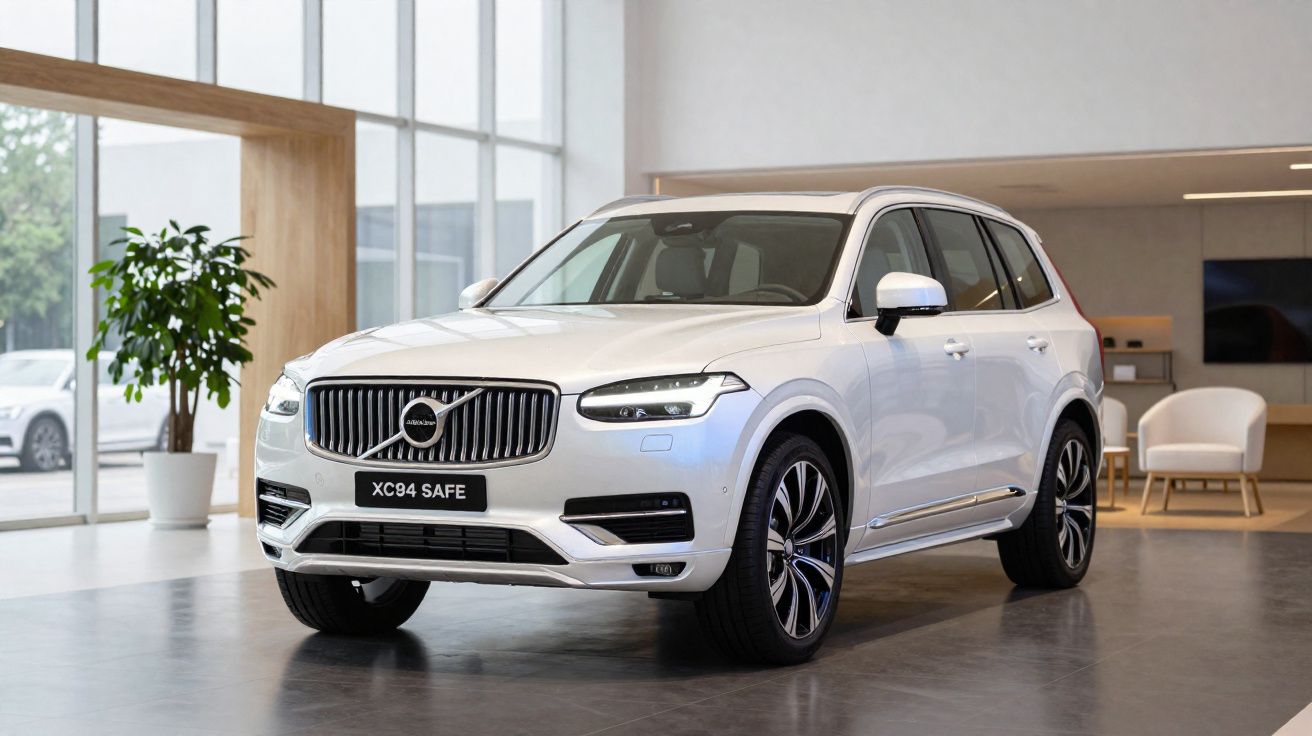 Automóvel Volvo XC94 branco estacionado numa sala moderna com grandes janelas e decoração minimalista.