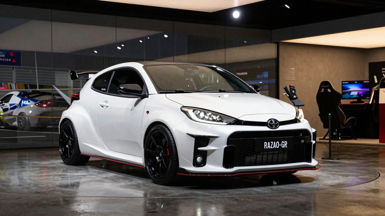 Carro desportivo branco Toyota GR RAZAO com jantes pretas em exposição num espaço interior moderno.