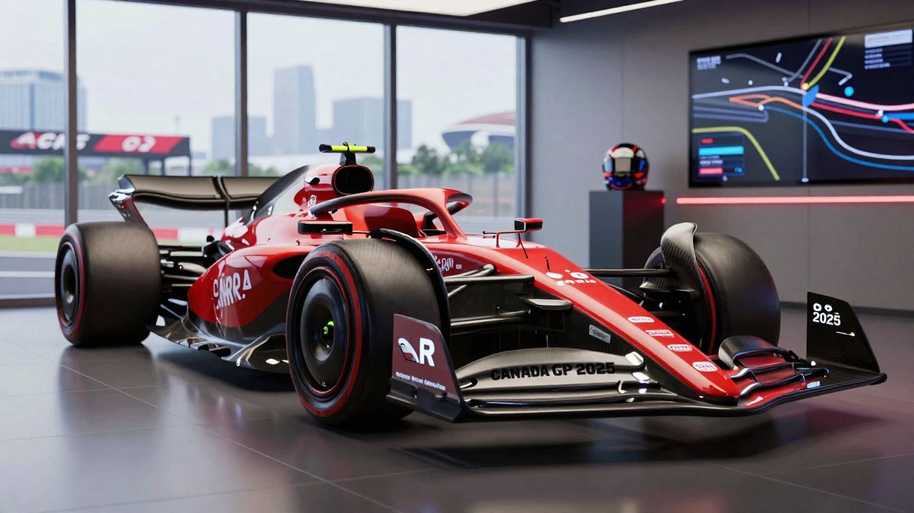 Carro de Fórmula 1 vermelho com pneus largos dentro de sala moderna com ecrã a mostrar circuito de corrida.
