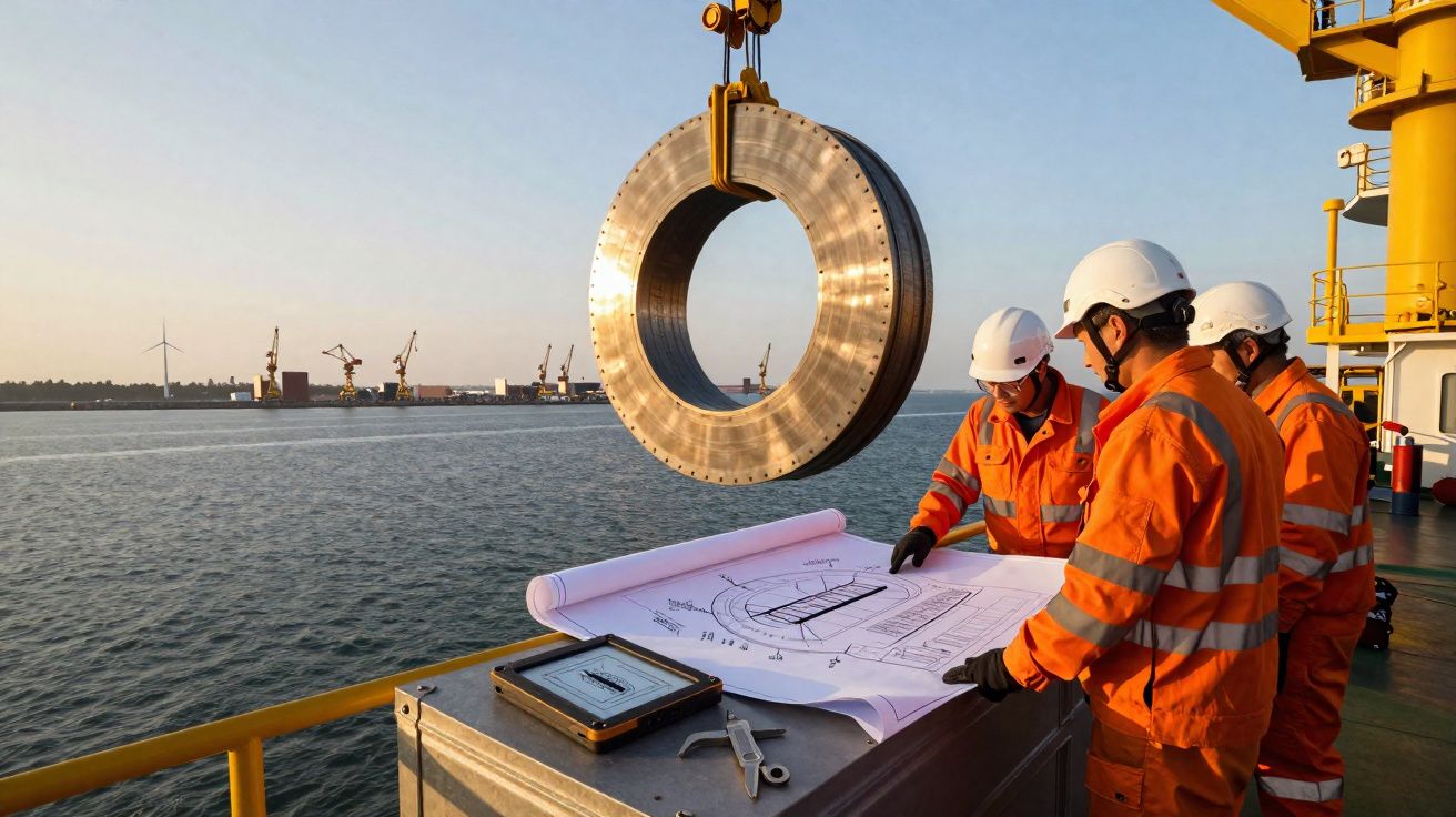 Três trabalhadores em coletes e capacetes analisam plantas junto a uma peça metálica suspensa sobre água no porto.