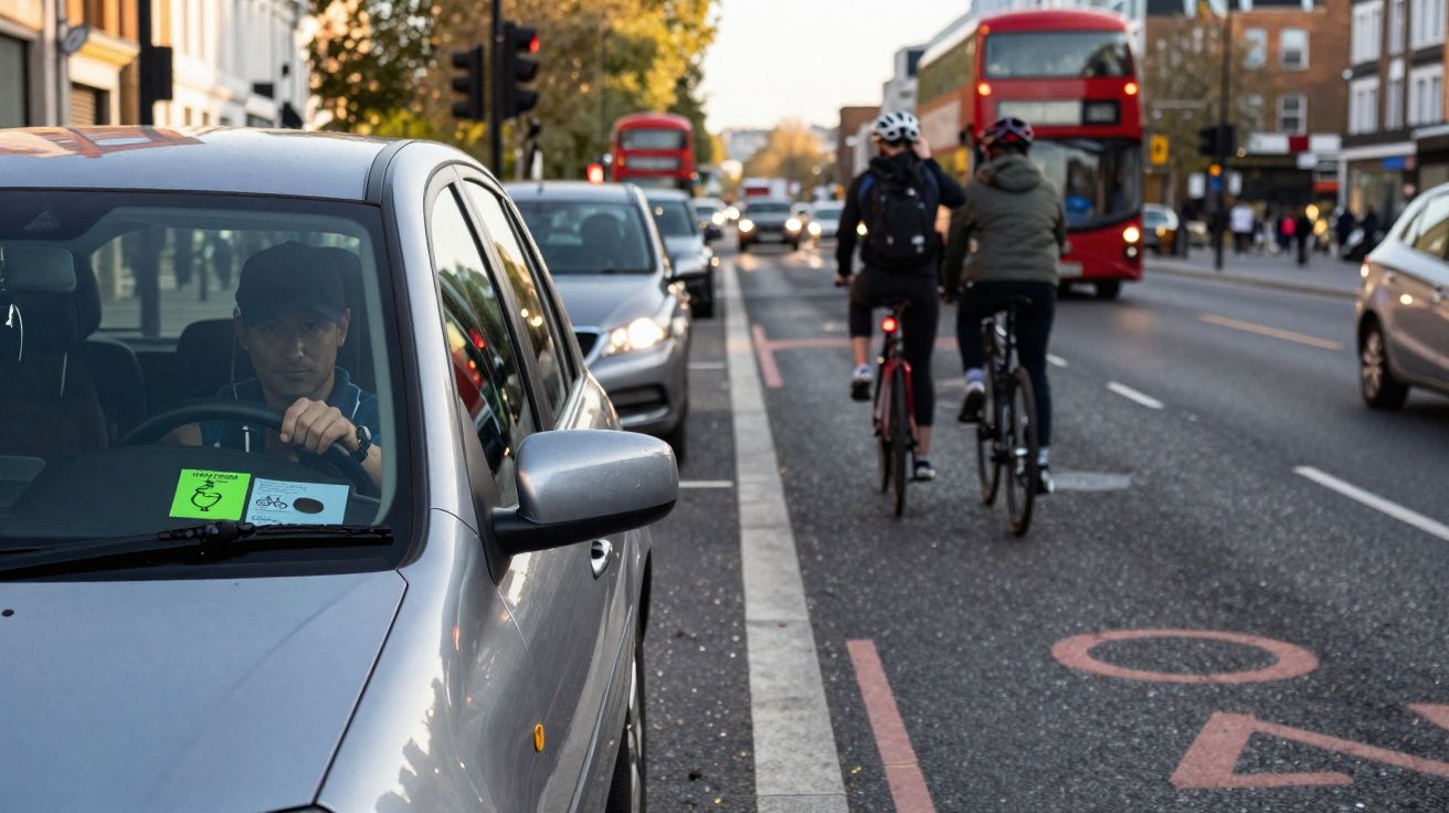 Homem ao volante de carro parado no trânsito junto a ciclistas em via urbana com autocarros vermelhos ao fundo.