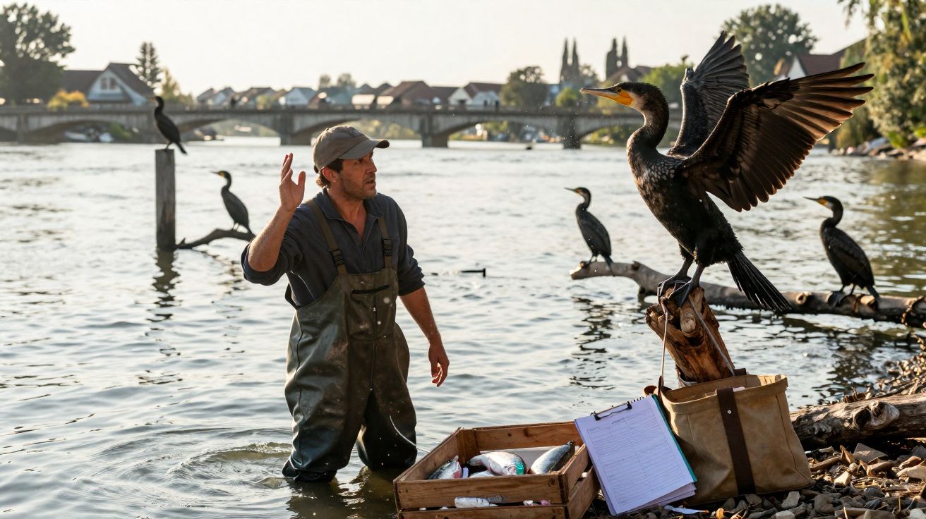 Homem em fato de pesca junto ao rio com caixas de peixe e cormorão a abrir asas numa margem rochosa.