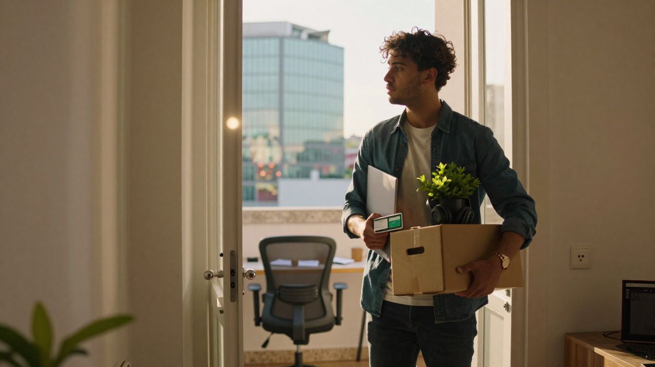 Jovem com caixa e objetos a sair de escritório, olhando pela janela com edifícios ao fundo.