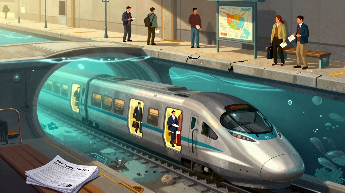 Comboio moderno a circular dentro de um túnel subaquático com passageiros a bordo e pessoas na superfície à espera.