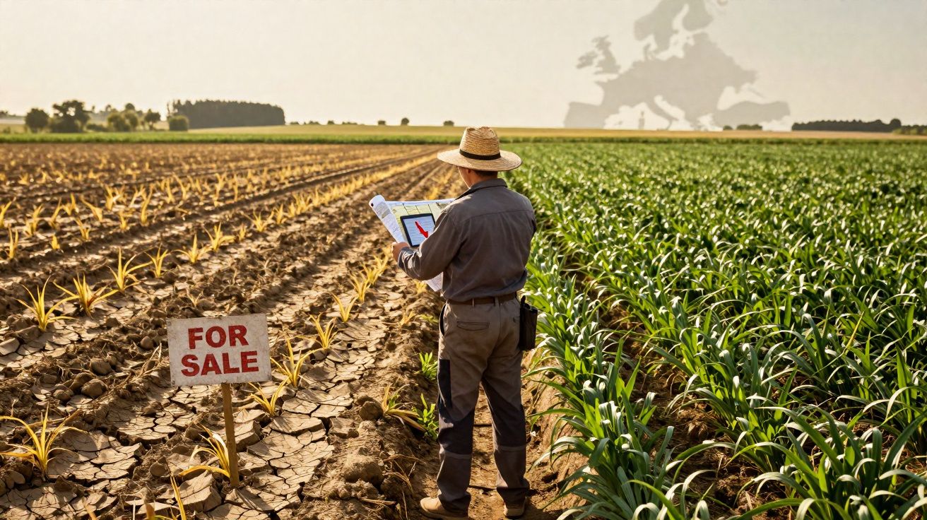 Agricultor com chapéu a analisar planta agrícola em terreno dividido entre seca e cultura verde à venda.