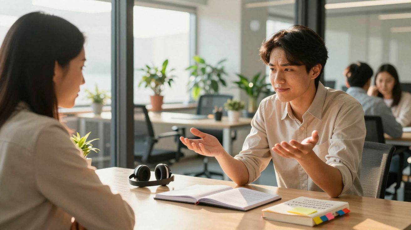 Homem explica algo a mulher numa mesa com livros e auscultadores num escritório moderno.