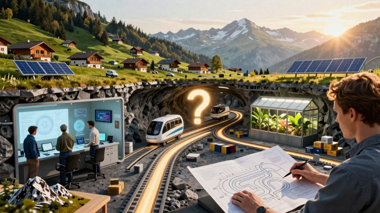 Estação de comboio futurista subterrânea em vila montanhosa com painéis solares e planeamento de infraestrutura.
