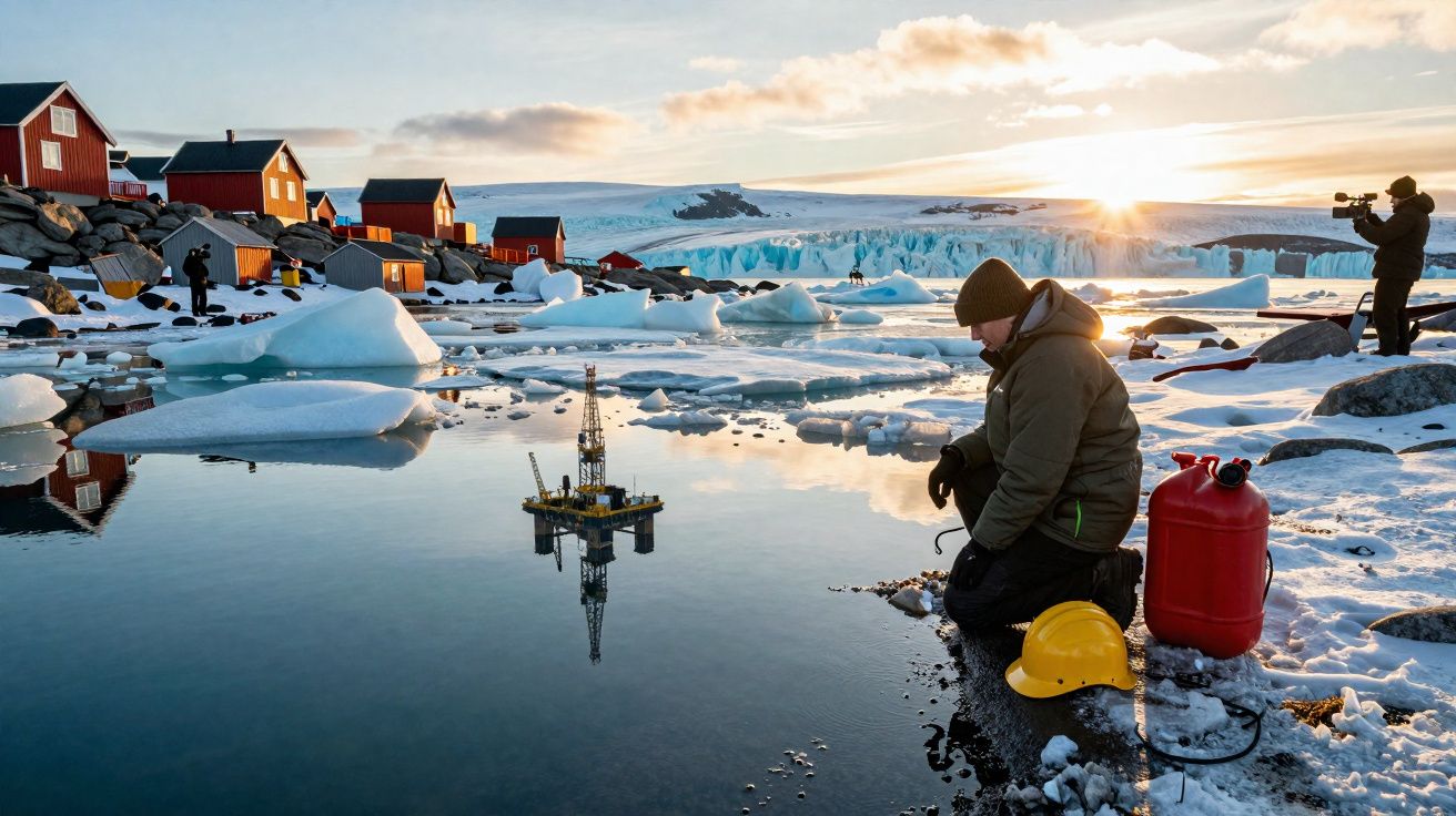 Homem observa plataforma petrolífera em miniatura junto a lago gelado com casas vermelhas e paisagem nevada ao fundo.