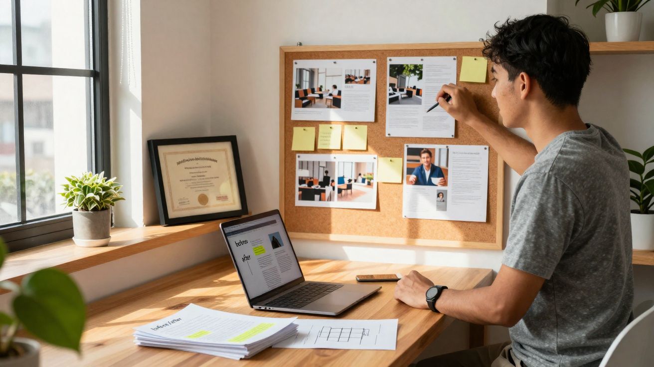 Homem a trabalhar em escritório caseiro com computador, documentos e quadro de avisos na parede.