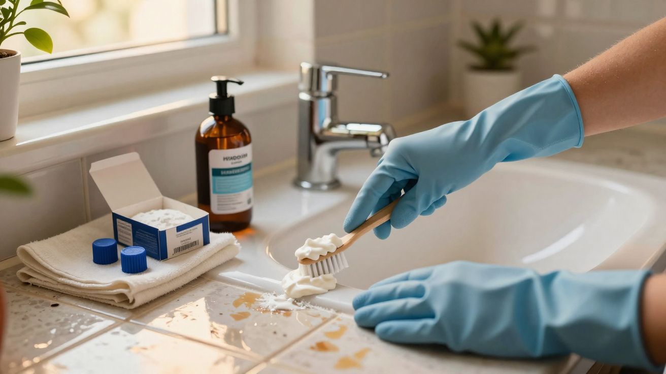 Pessoa com luvas azuis a aplicar pasta de limpeza numa escova perto de uma pia de casa de banho.