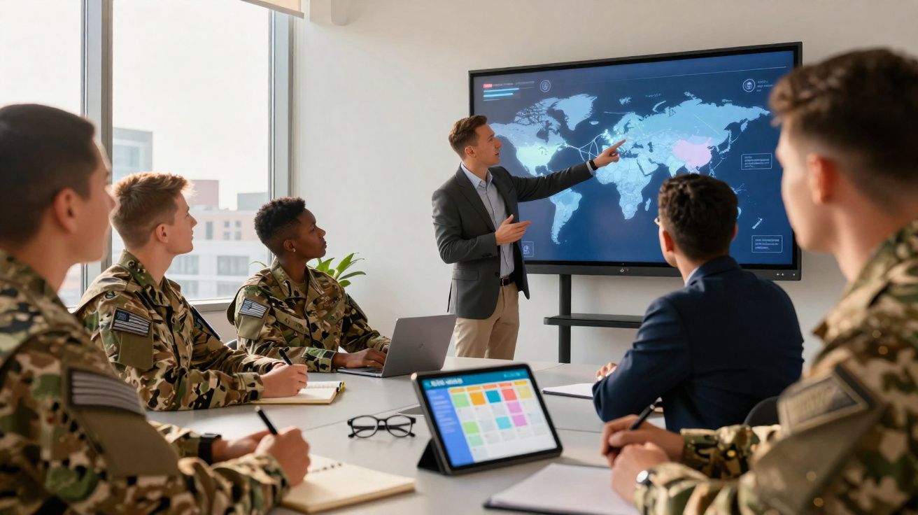 Homem em fato apresenta mapa mundial a cinco militares sentados à mesa numa sala de reuniões moderna.