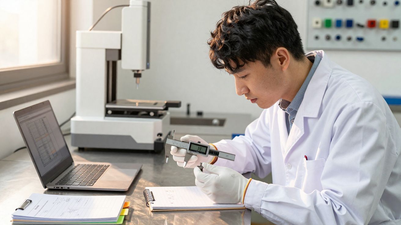 Cientista em laboratório a medir peça com paquímetro digital e apontar dados em caderno.