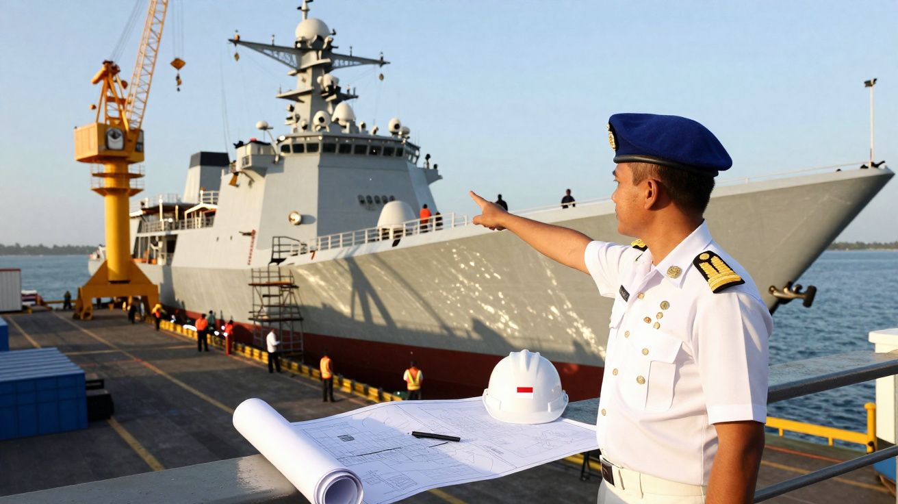 Homem farda naval aponta para um navio militar atracado enquanto analisa plantas no cais.