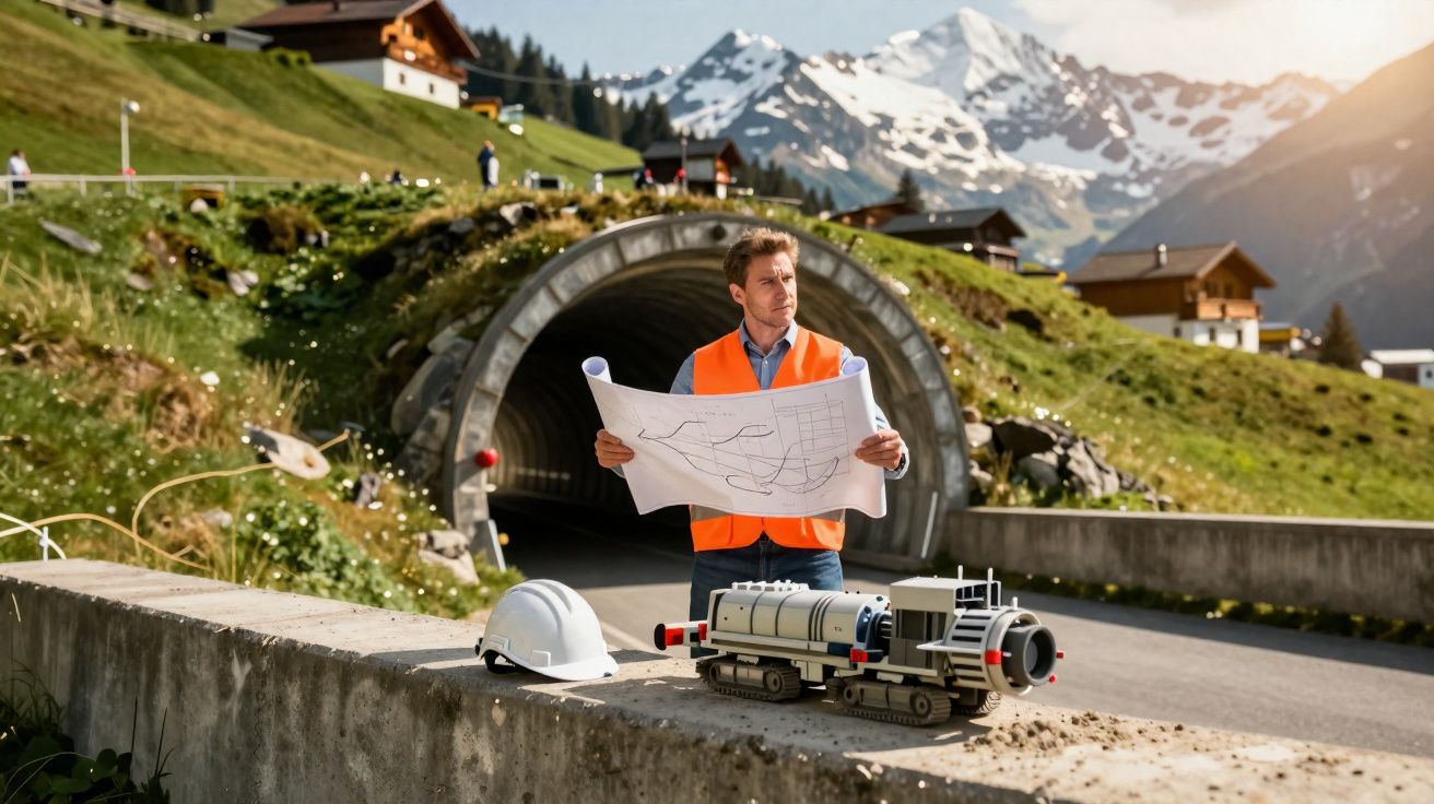Homem com colete laranja analisa planta junto a túnel na montanha, com capacete e maquete de escavadora.