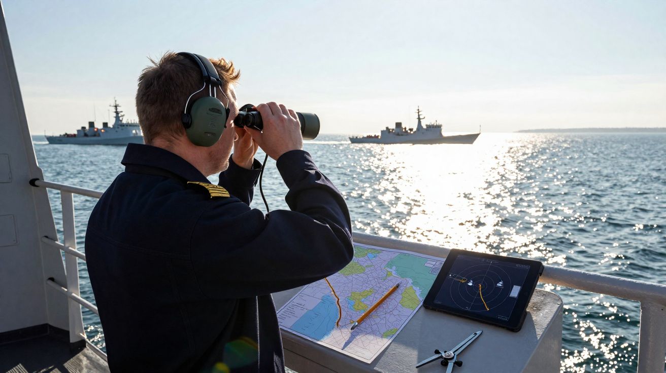 Homem com fones observa navios ao longe com binóculos, junto a mapa e radar sobre mesa no convés de um barco.
